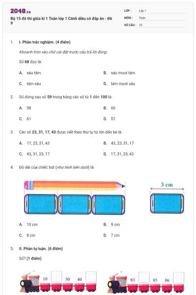 Bộ 15 đề thi giữa kì 1 Toán lớp 1 Cánh diều có đáp án - Đề 9