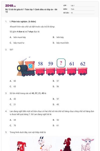 Bộ 15 đề thi giữa kì 1 Toán lớp 1 Cánh diều có đáp án - Đề 10