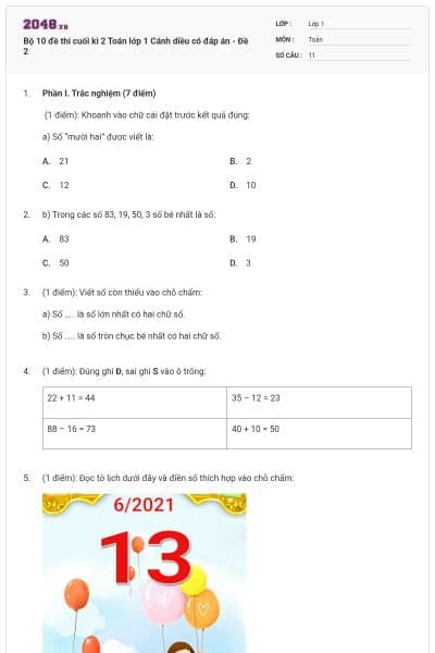 Bộ 10 đề thi cuối kì 2 Toán lớp 1 Cánh diều có đáp án - Đề 2