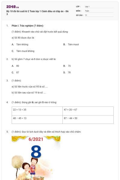 Bộ 10 đề thi cuối kì 2 Toán lớp 1 Cánh diều có đáp án - Đề 3