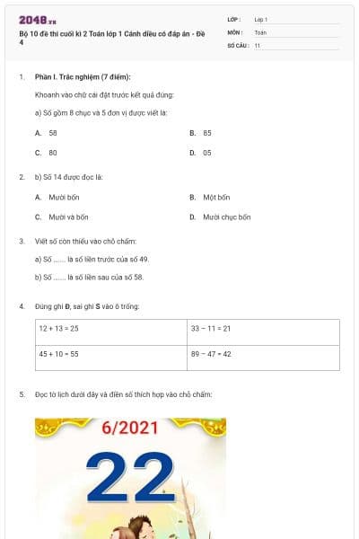 Bộ 10 đề thi cuối kì 2 Toán lớp 1 Cánh diều có đáp án - Đề 4