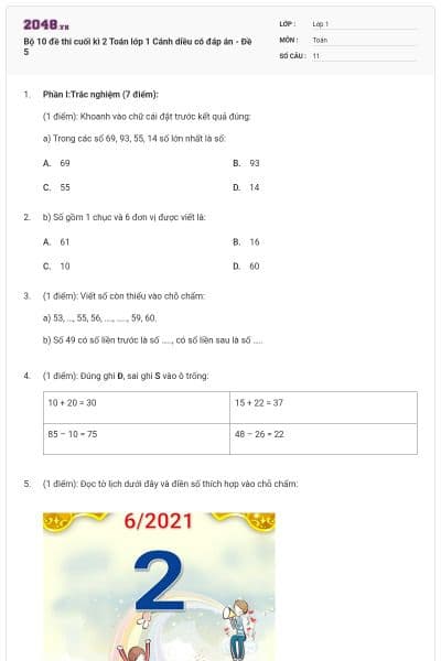 Bộ 10 đề thi cuối kì 2 Toán lớp 1 Cánh diều có đáp án - Đề 5