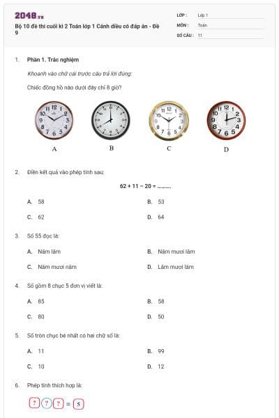 Bộ 10 đề thi cuối kì 2 Toán lớp 1 Cánh diều có đáp án - Đề 9