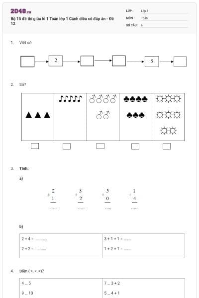 Bộ 15 đề thi giữa kì 1 Toán lớp 1 Cánh diều có đáp án - Đề 12