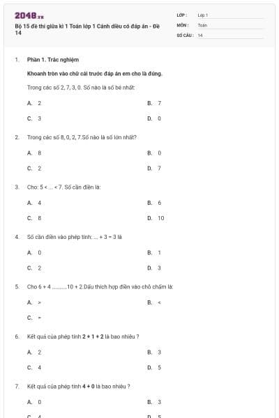 Bộ 15 đề thi giữa kì 1 Toán lớp 1 Cánh diều có đáp án - Đề 14