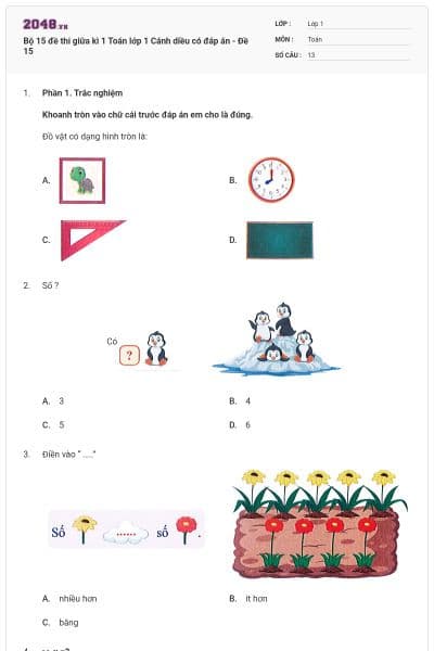 Bộ 15 đề thi giữa kì 1 Toán lớp 1 Cánh diều có đáp án - Đề 15