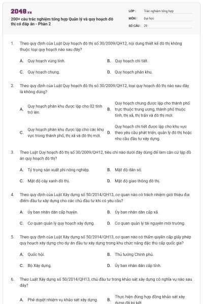 200+ câu trắc nghiệm tổng hợp Quản lý và quy hoạch đô thị có đáp án - Phần 2