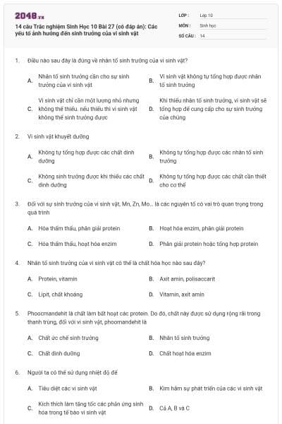 14 câu Trắc nghiệm Sinh Học 10 Bài 27 (có đáp án): Các yếu tố ảnh hưởng đến sinh trưởng của vi sinh vật
