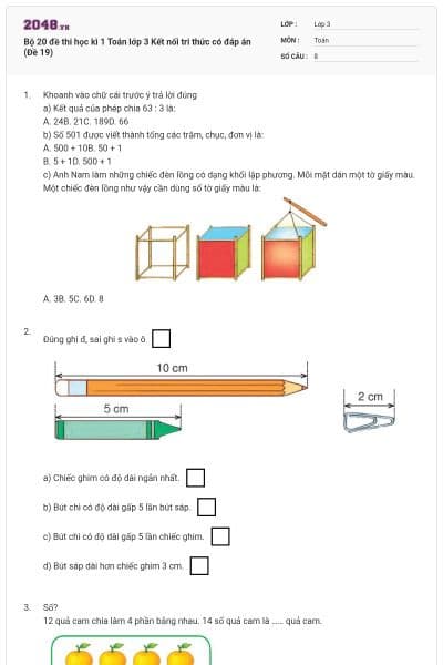 Bộ 20 đề thi học kì 1 Toán lớp 3 Kết nối tri thức có đáp án (Đề 19)