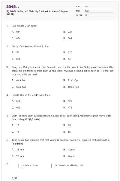 Bộ 20 đề thi học kì 1 Toán lớp 3 Kết nối tri thức có đáp án (Đề 20)