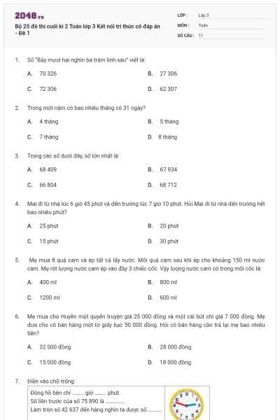 Bộ 25 đề thi cuối kì 2 Toán lớp 3 Kết nối tri thức có đáp án - Đề 1