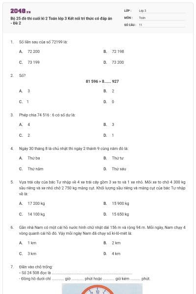 Bộ 25 đề thi cuối kì 2 Toán lớp 3 Kết nối tri thức có đáp án - Đề 2