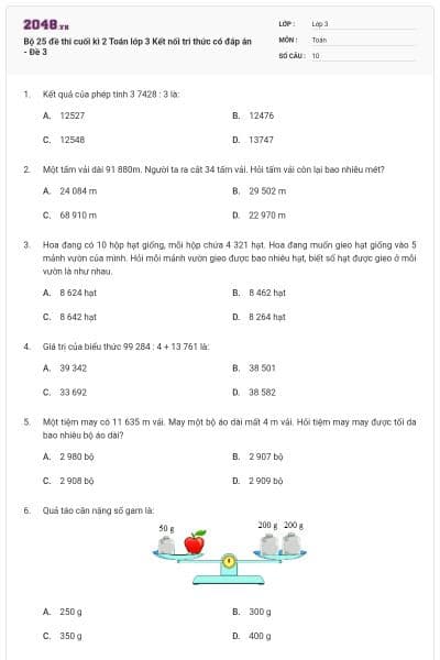 Bộ 25 đề thi cuối kì 2 Toán lớp 3 Kết nối tri thức có đáp án - Đề 3