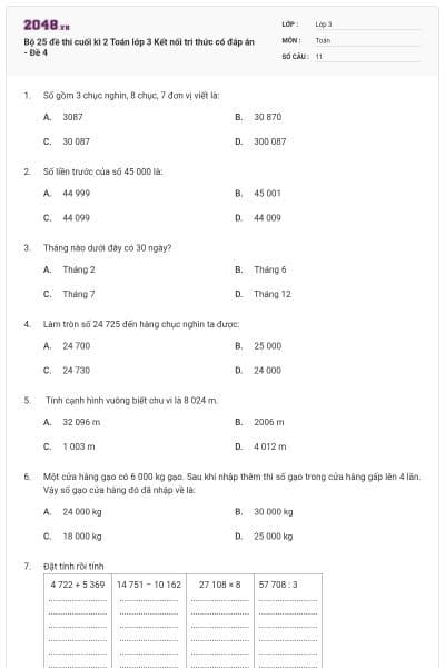Bộ 25 đề thi cuối kì 2 Toán lớp 3 Kết nối tri thức có đáp án - Đề 4