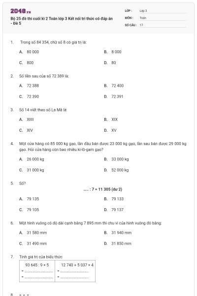 Bộ 25 đề thi cuối kì 2 Toán lớp 3 Kết nối tri thức có đáp án - Đề 5