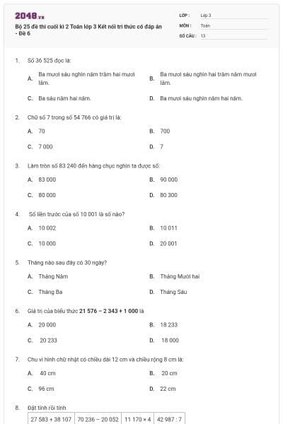 Bộ 25 đề thi cuối kì 2 Toán lớp 3 Kết nối tri thức có đáp án - Đề 6