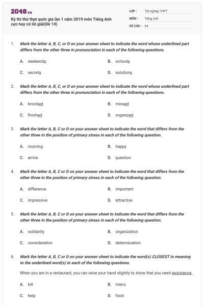 Kỳ thi thử thpt quốc gia lần 1 năm 2019 môn Tiếng Anh cực hay có lời giải(Đề 14)