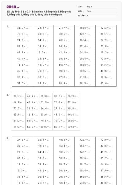 Bài tập Toán 3 Bài 2.3. Bảng chia 3, Bảng chia 4, Bảng chia 6, Bảng chia 7, Bảng chia 8, Bảng chia 9 có đáp án