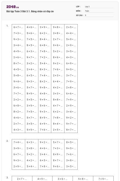 Bài tập Toán 3 Bài 3.1. Bảng nhân có đáp án