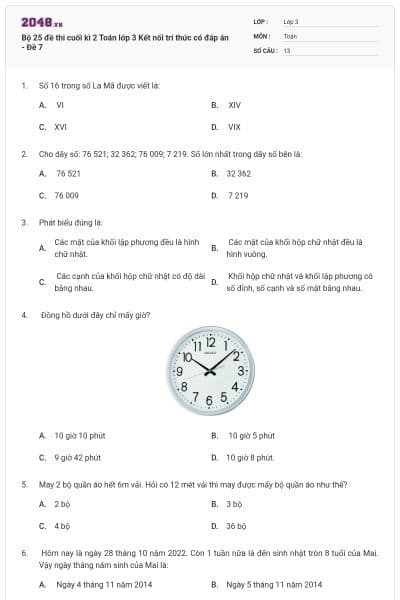 Bộ 25 đề thi cuối kì 2 Toán lớp 3 Kết nối tri thức có đáp án - Đề 7