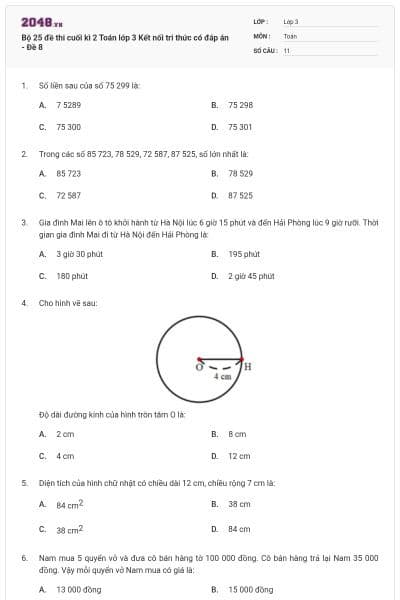 Bộ 25 đề thi cuối kì 2 Toán lớp 3 Kết nối tri thức có đáp án - Đề 8