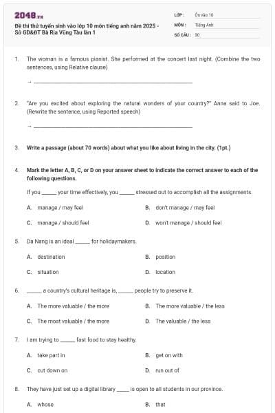 Đề thi thử tuyển sinh vào lớp 10 môn tiếng anh năm 2025 - Sở GD&ĐT Bà Rịa Vũng Tàu lần 1