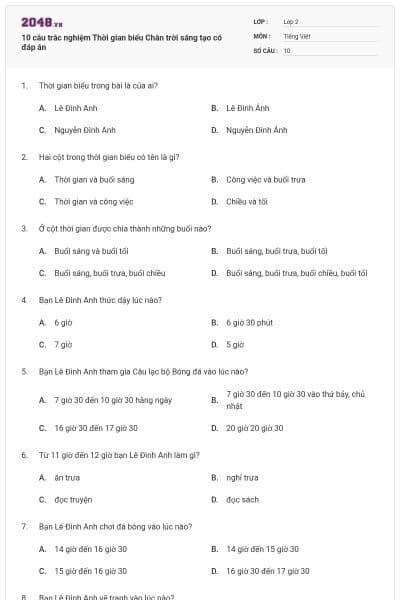 10 câu trắc nghiệm Thời gian biểu Chân trời sáng tạo có đáp án