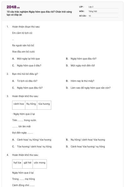 10 câu trắc nghiệm Ngày hôm qua đâu rồi? Chân trời sáng tạo có đáp án