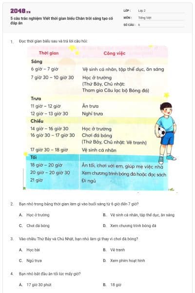 5 câu trắc nghiệm Viết thời gian biểu  Chân trời sáng tạo có đáp án