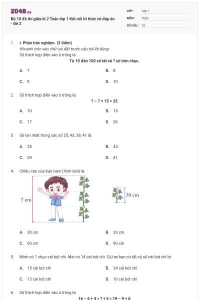 Bộ 10 đề thi giữa kì 2 Toán lớp 1 Kết nối tri thức có đáp án - Đề 2