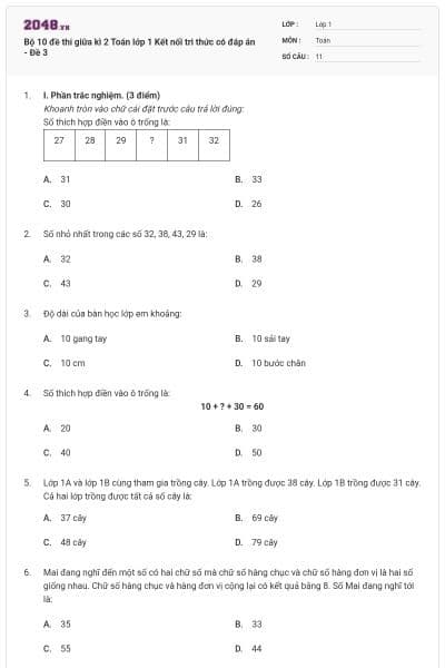 Bộ 10 đề thi giữa kì 2 Toán lớp 1 Kết nối tri thức có đáp án - Đề 3