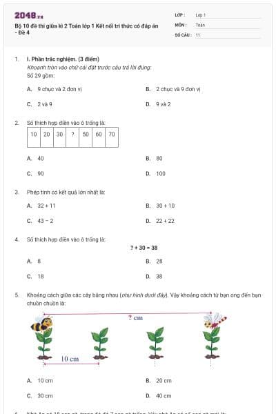 Bộ 10 đề thi giữa kì 2 Toán lớp 1 Kết nối tri thức có đáp án - Đề 4