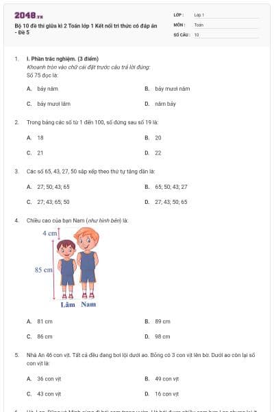 Bộ 10 đề thi giữa kì 2 Toán lớp 1 Kết nối tri thức có đáp án - Đề 5