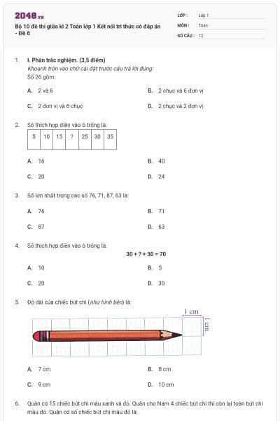 Bộ 10 đề thi giữa kì 2 Toán lớp 1 Kết nối tri thức có đáp án - Đề 6
