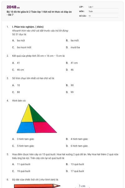 Bộ 10 đề thi giữa kì 2 Toán lớp 1 Kết nối tri thức có đáp án - Đề 7