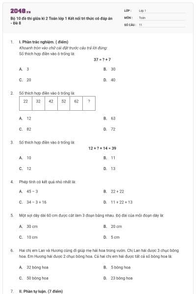 Bộ 10 đề thi giữa kì 2 Toán lớp 1 Kết nối tri thức có đáp án - Đề 8