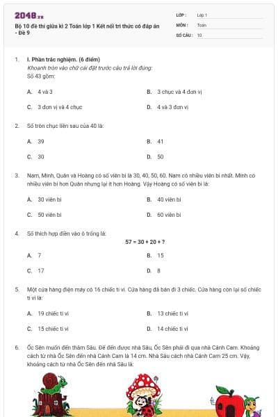 Bộ 10 đề thi giữa kì 2 Toán lớp 1 Kết nối tri thức có đáp án - Đề 9