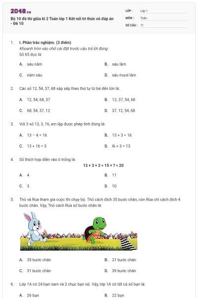Bộ 10 đề thi giữa kì 2 Toán lớp 1 Kết nối tri thức có đáp án - Đề 10