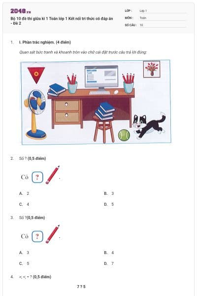 Bộ 10 đề thi giữa kì 1 Toán lớp 1 Kết nối tri thức có đáp án - Đề 2