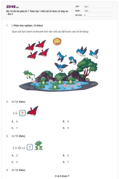 Bộ 10 đề thi giữa kì 1 Toán lớp 1 Kết nối tri thức có đáp án - Đề 3