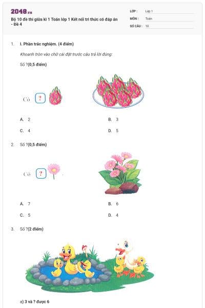Bộ 10 đề thi giữa kì 1 Toán lớp 1 Kết nối tri thức có đáp án - Đề 4
