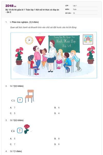 Bộ 10 đề thi giữa kì 1 Toán lớp 1 Kết nối tri thức có đáp án - Đề 5