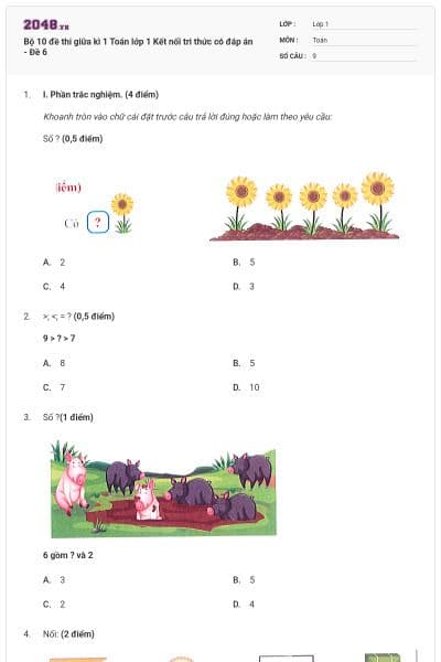 Bộ 10 đề thi giữa kì 1 Toán lớp 1 Kết nối tri thức có đáp án - Đề 6