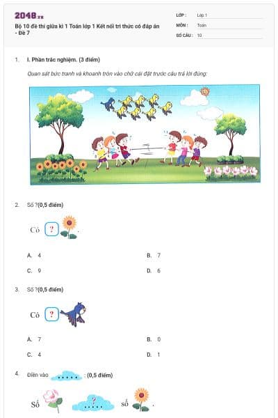 Bộ 10 đề thi giữa kì 1 Toán lớp 1 Kết nối tri thức có đáp án - Đề 7