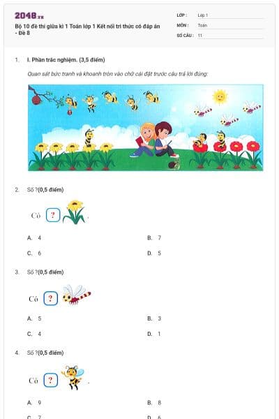 Bộ 10 đề thi giữa kì 1 Toán lớp 1 Kết nối tri thức có đáp án - Đề 8