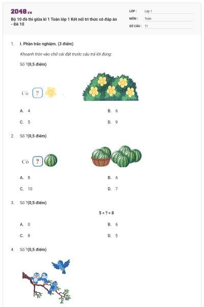 Bộ 10 đề thi giữa kì 1 Toán lớp 1 Kết nối tri thức có đáp án - Đề 10