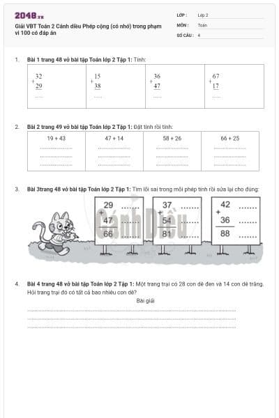 Giải VBT Toán 2 Cánh diều Phép cộng (có nhớ) trong phạm vi 100 có đáp án