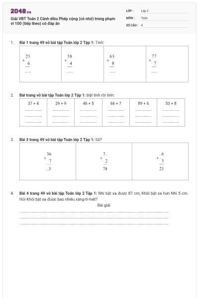Giải VBT Toán 2 Cánh diều Phép cộng (có nhớ) trong phạm vi 100 (tiếp theo) có đáp án