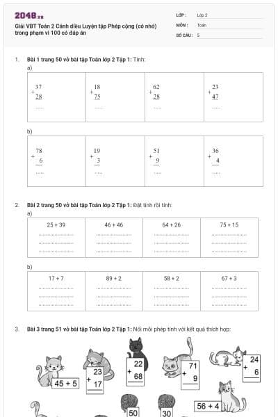 Giải VBT Toán 2 Cánh diều Luyện tập Phép cộng (có nhớ) trong phạm vi 100 có đáp án