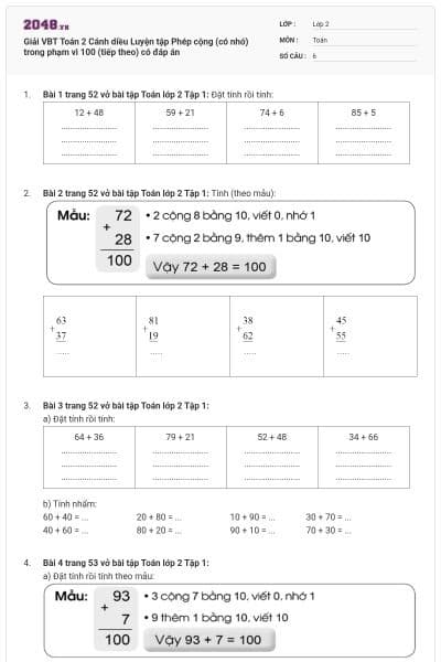 Giải VBT Toán 2 Cánh diều Luyện tập Phép cộng (có nhớ) trong phạm vi 100 (tiếp theo) có đáp án